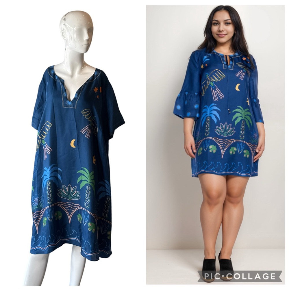 Johnny Was Royal Blue Embroidered Tropical Mini Dress